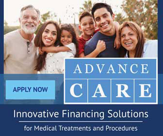The image features a colorful advertisement with the text  ADVANCE CARE  prominently displayed at the top, followed by  INNOVATIVE FINANCING SOLUTIONS FOR MEDICAL TREATMENTS AND PROCEDURES  and  APPLY NOW.  The ad includes a photograph of a diverse family smiling together.