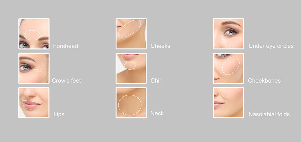 The image displays a series of close-up facial beauty product demonstrations, showcasing different products applied to a person s face.