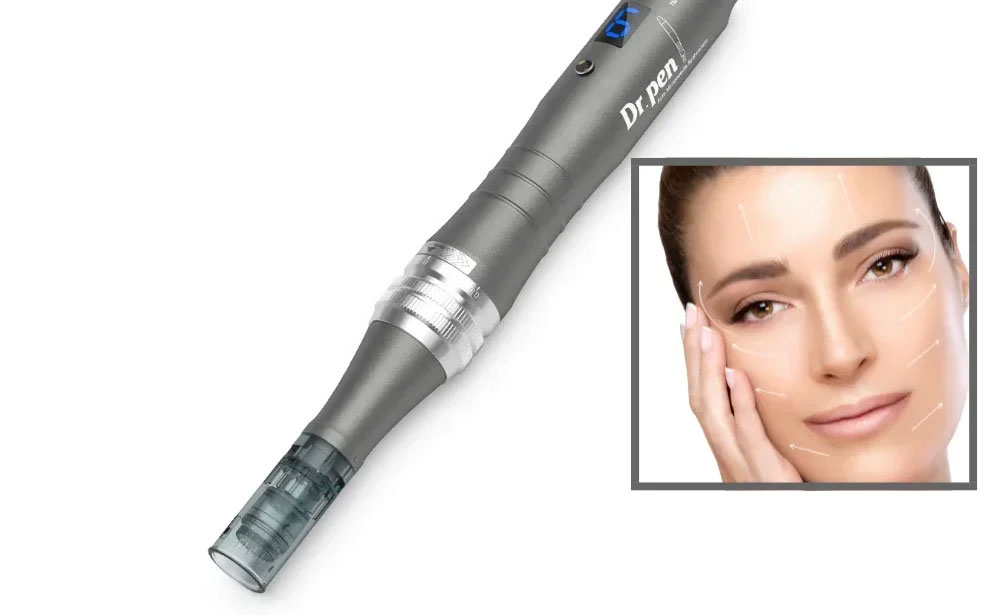 An image of a dermal roller with a close-up of a woman s face, highlighting the device and its use in skincare.