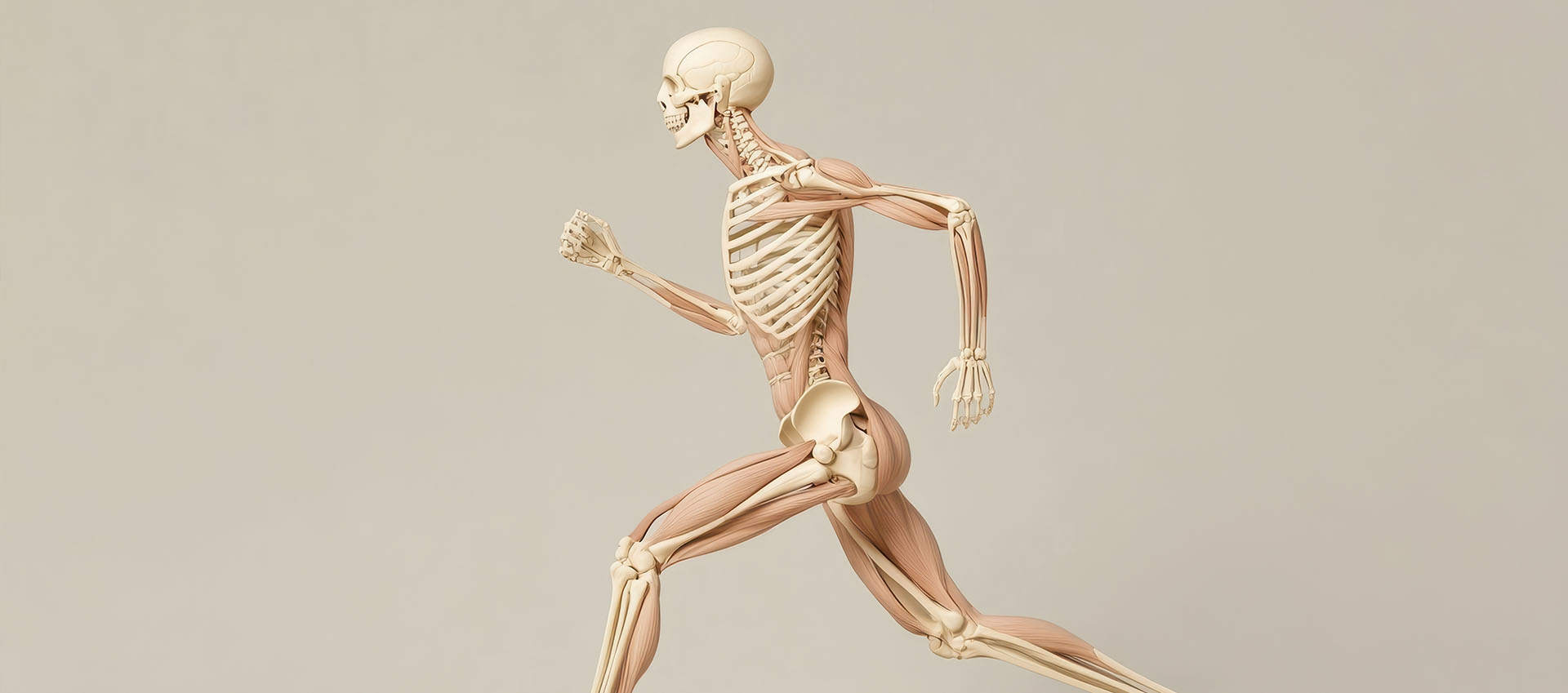 Anatomical skeleton in mid-run against a neutral background.