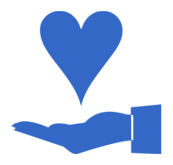 The image features a stylized blue heart icon with a drop shadow effect, positioned above a hand reaching out from the bottom of the frame.