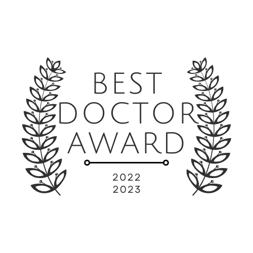 The image displays a graphic award emblem, which reads  BEST DOCTOR AWARD  with the year 2023 inscribed below the title. It features an illustration of a laurel wreath on either side of the text and is presented against a white background. The style of the image is simple and graphic, commonly used for badges or certificates to denote recognition or achievement.