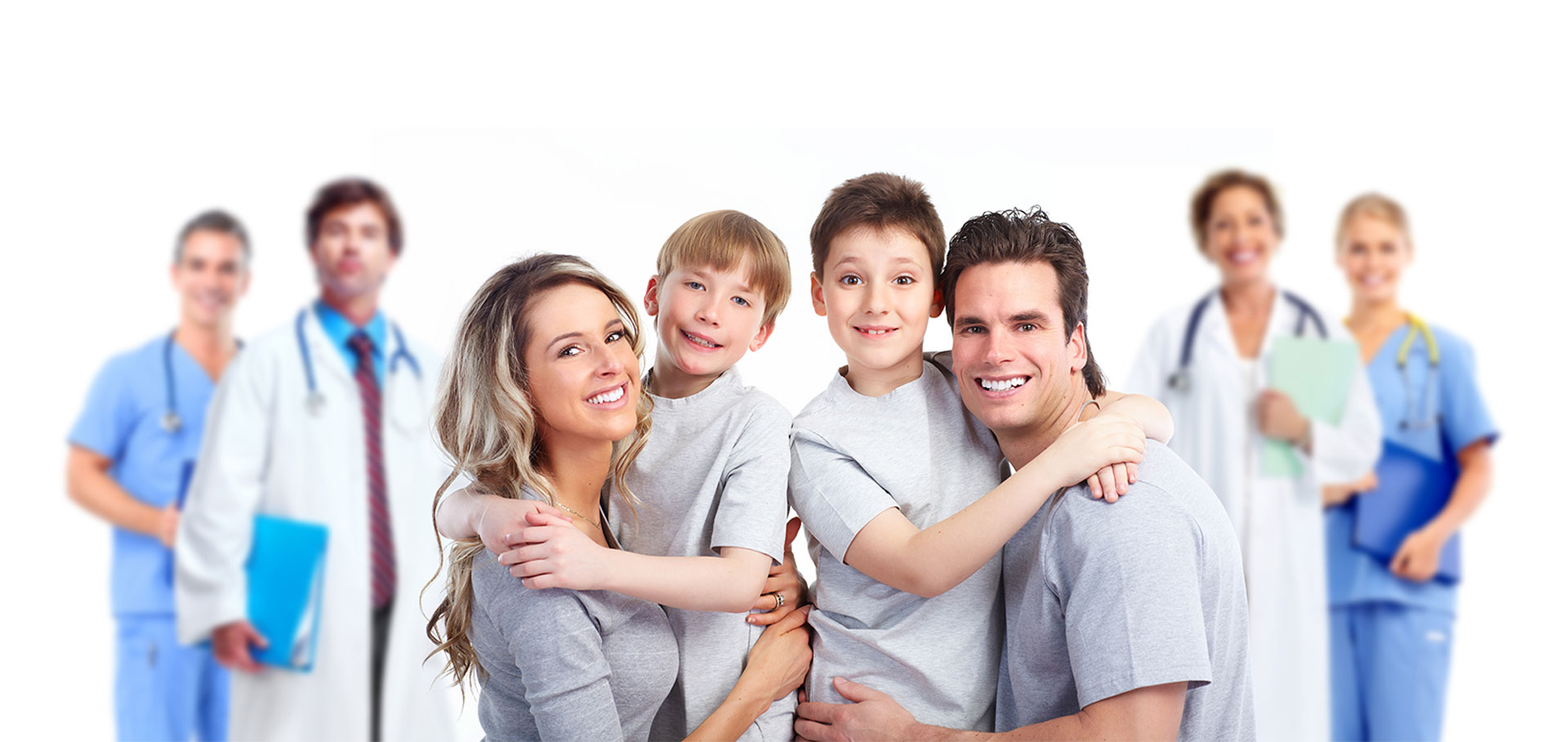 The image is a composite of multiple photographs featuring medical professionals and their families, with each family member wearing scrubs and smiling at the camera.